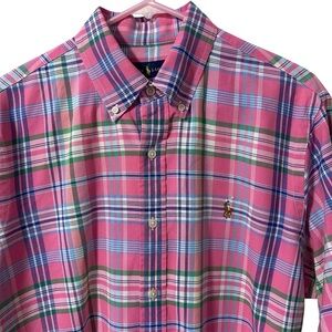Polo Ralph Lauren Pink Plaid Oxford Shirt Mens Medium M Custom Fit Preppy Pony